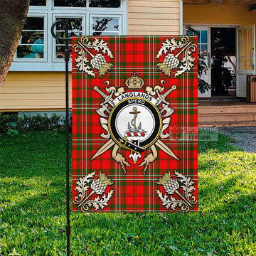 Langlands Tartan Garden Flag with Family Crest and Golden Thistle Crossed Sword Design