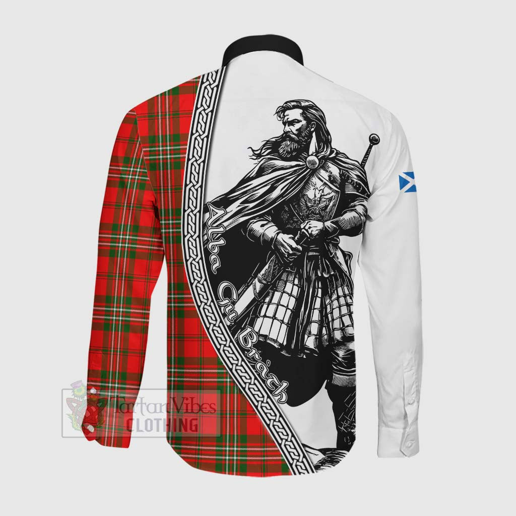 Tartan Vibes Clothing Langlands Tartan Clan Crest Long Sleeve Button Shirt with Highlander Warrior Celtic Style