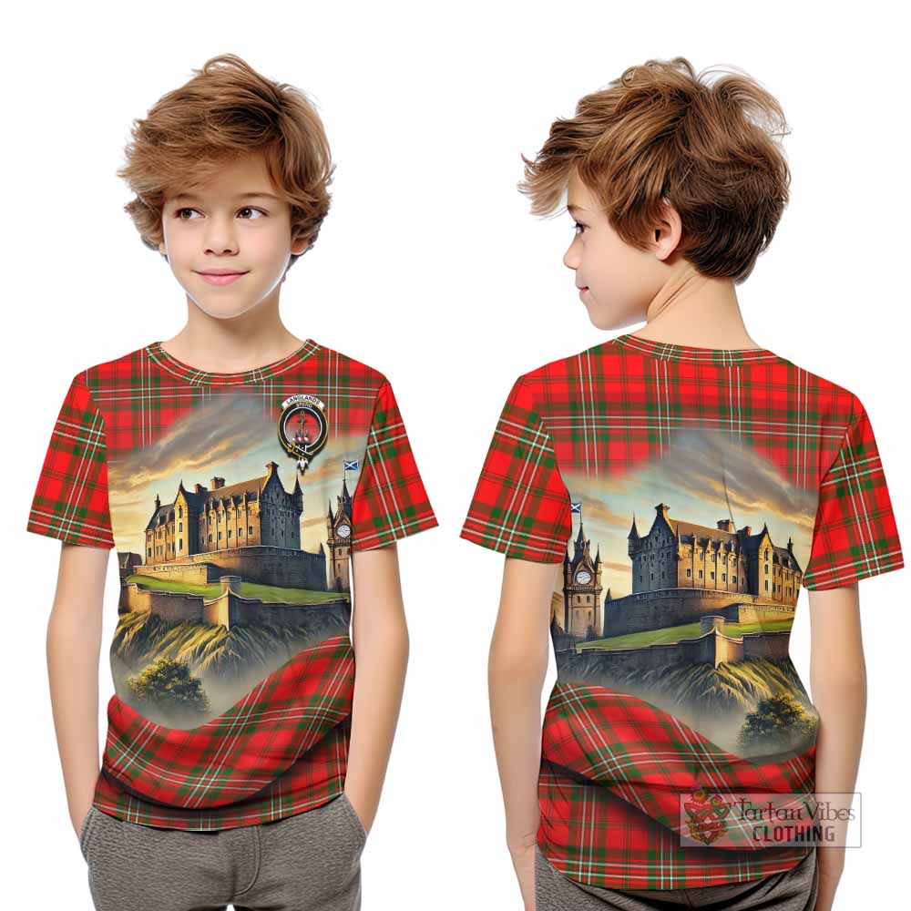 Tartan Vibes Clothing Langlands Tartan Family Crest Kid T-Shirt with Scottish Ancient Castle Style