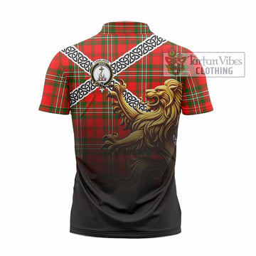Langlands Crest Tartan Zipper Polo Shirt with Golden Lion Emblem Celtic Style