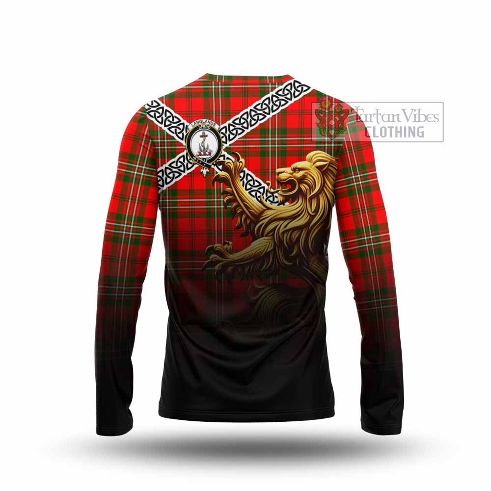 Tartan Vibes Clothing Langlands Crest Tartan Long Sleeve T-Shirt with Golden Lion Emblem Celtic Style