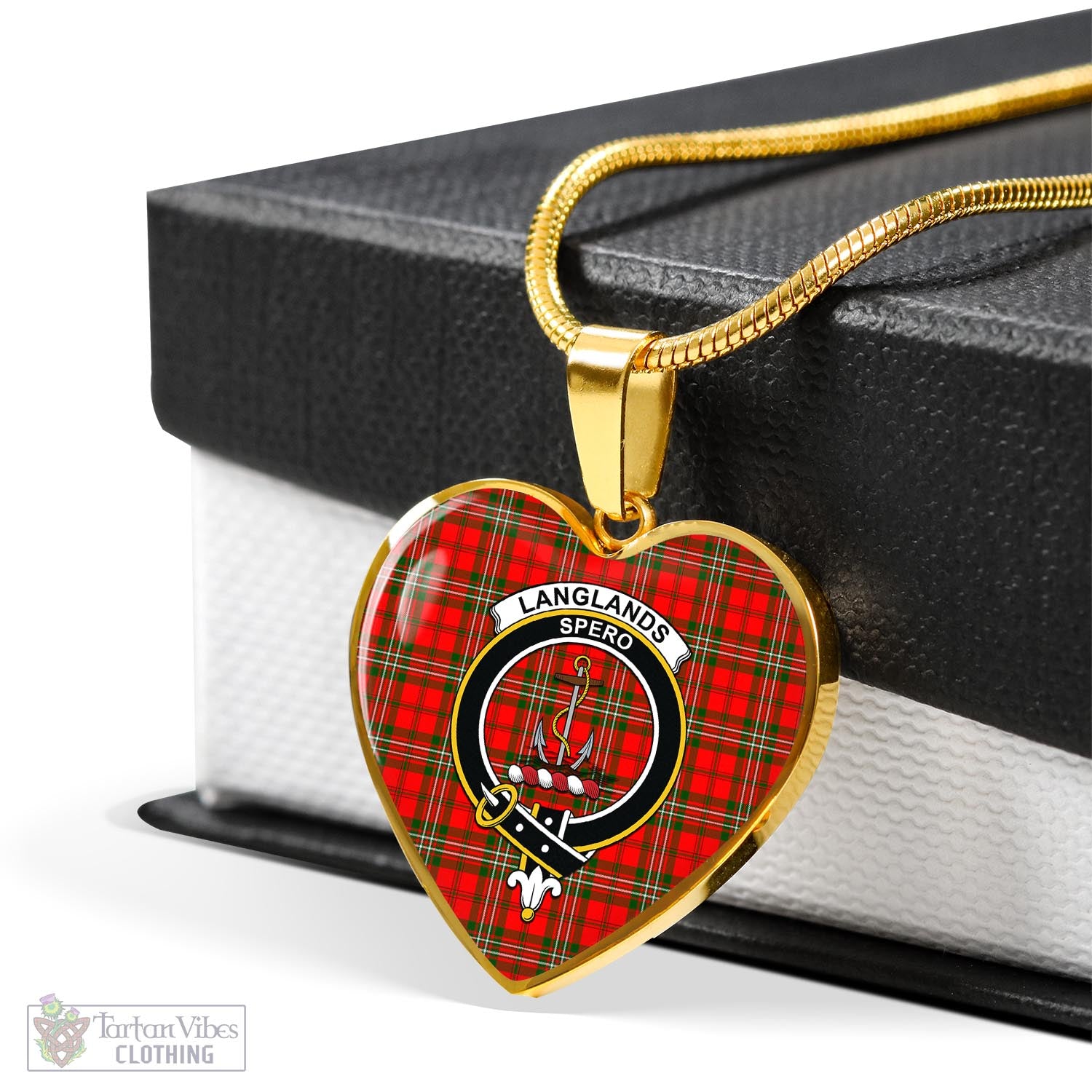 Tartan Vibes Clothing Langlands Tartan Heart Necklace with Family Crest