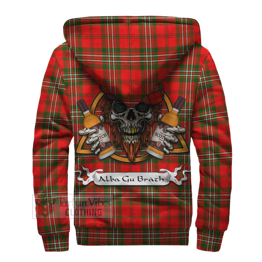 Tartan Vibes Clothing Langlands Tartan Sherpa Hoodie with Family Crest and Bearded Skull Holding Bottles of Whiskey