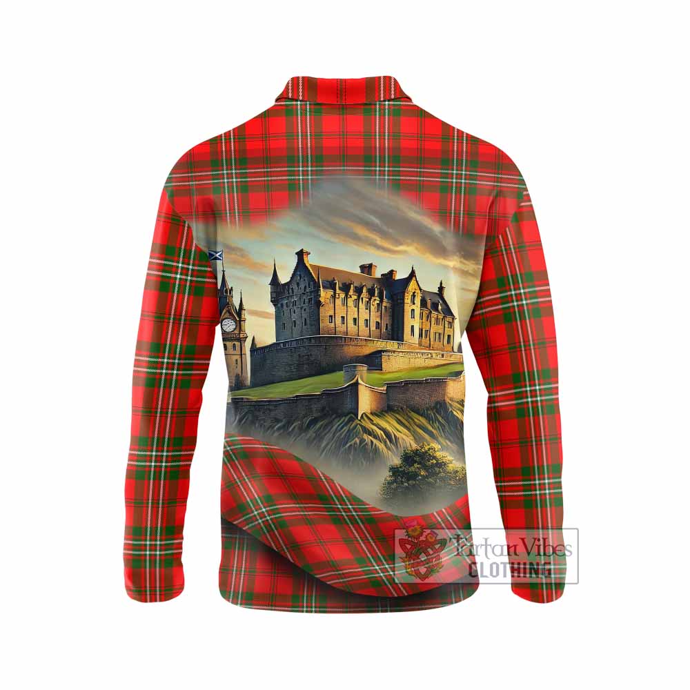 Tartan Vibes Clothing Langlands Tartan Family Crest Long Sleeve Polo Shirt with Scottish Ancient Castle Style