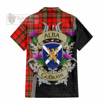 Tartan Vibes Clothing Langlands Tartan Family Crest Short Sleeve Button Shirt Lion Rampant Royal Thistle Shield Celtic Inspired