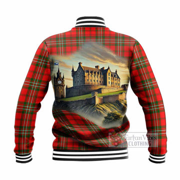 Tartan Vibes Clothing Langlands Tartan Family Crest Baseball Jacket with Scottish Ancient Castle Style