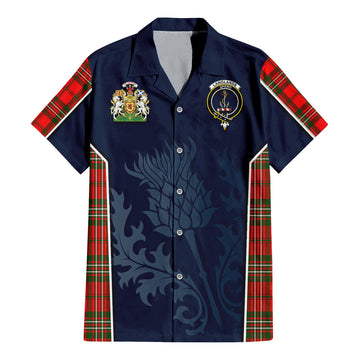 Tartan Vibes Clothing Langlands Tartan Short Sleeve Button Up Shirt with Family Crest and Scottish Thistle Vibes Sport Style