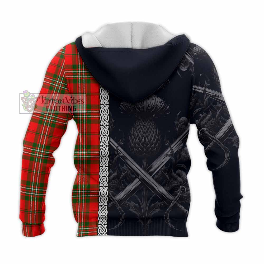 Tartan Vibes Clothing Langlands Tartan Knitted Hoodie with Family Crest Cross Sword Thistle Celtic Vibes