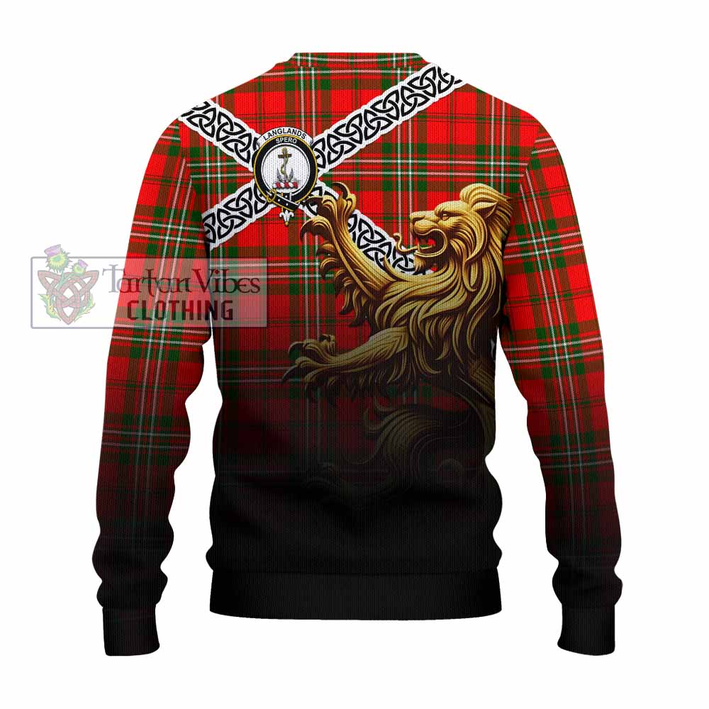 Tartan Vibes Clothing Langlands Crest Tartan Knitted Sweater with Golden Lion Emblem Celtic Style