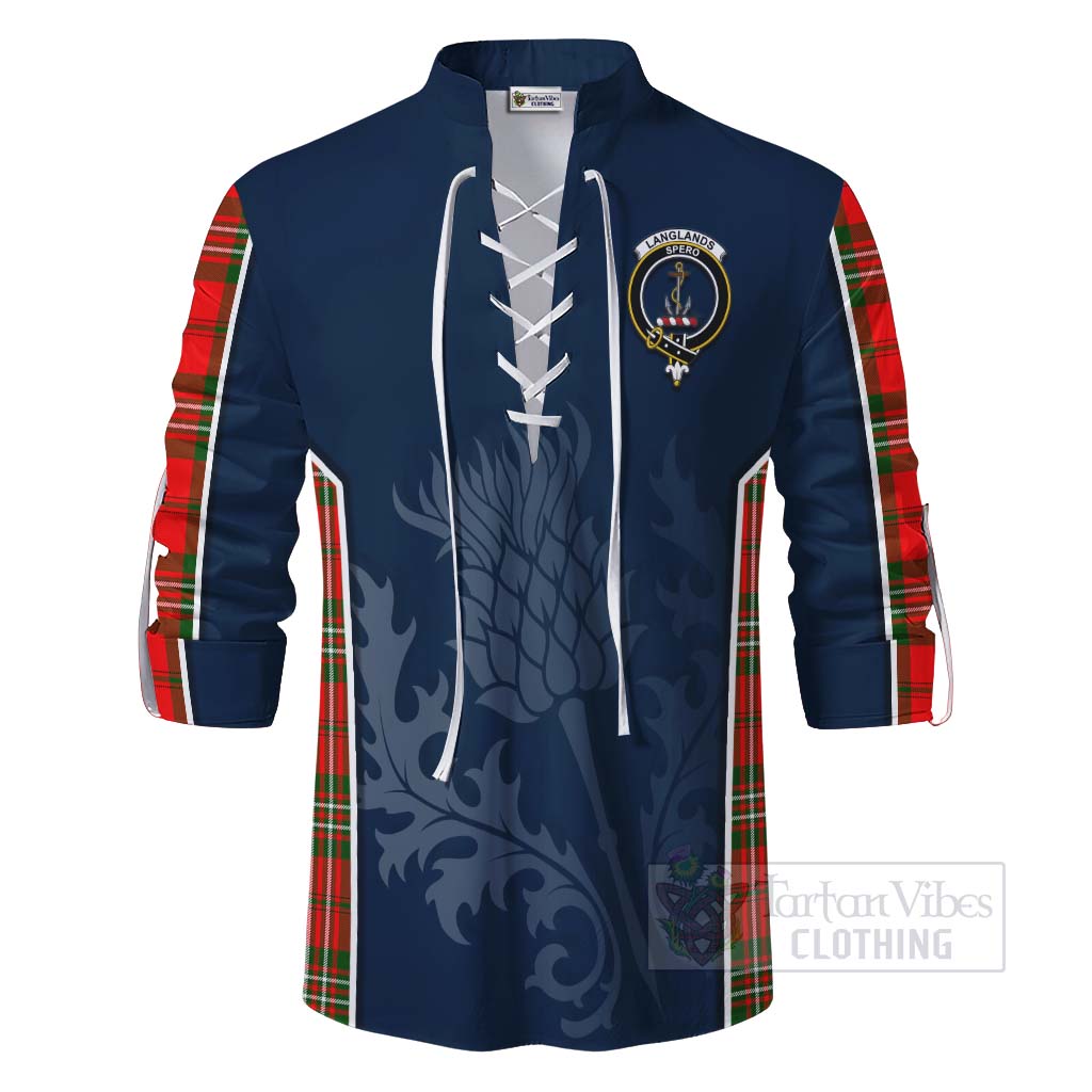 Tartan Vibes Clothing Langlands Tartan Ghillie Kilt Shirt with Family Crest and Scottish Thistle Vibes Sport Style