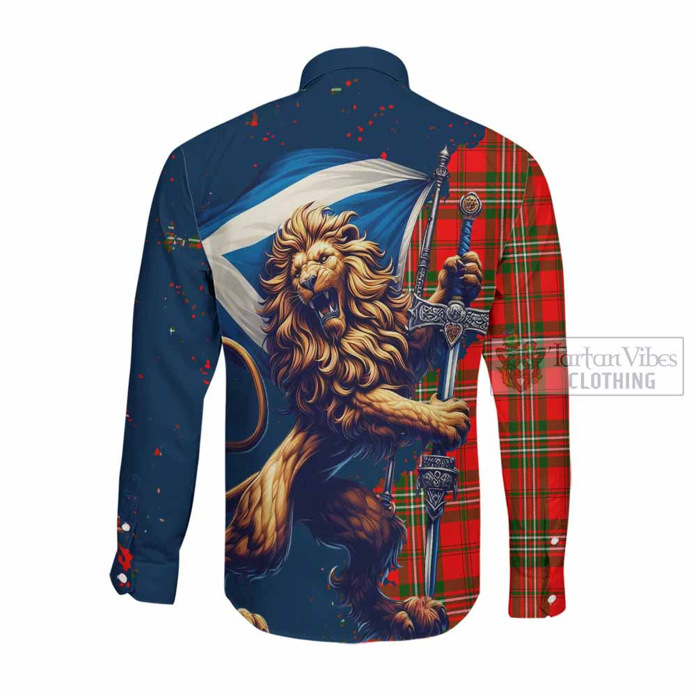 Tartan Vibes Clothing Langlands Tartan Family Crest Long Sleeve Button Shirt with Scottish Majestic Lion