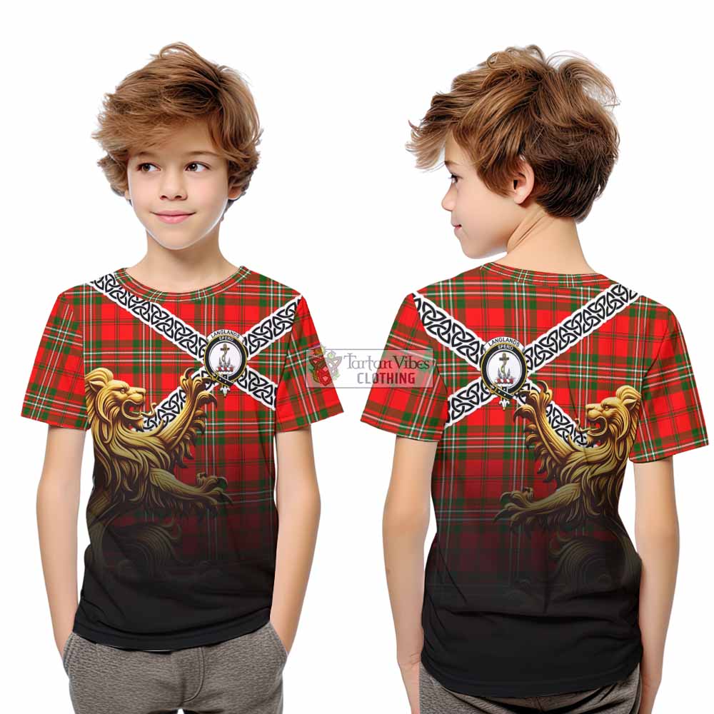 Tartan Vibes Clothing Langlands Crest Tartan Kid T-Shirt with Golden Lion Emblem Celtic Style