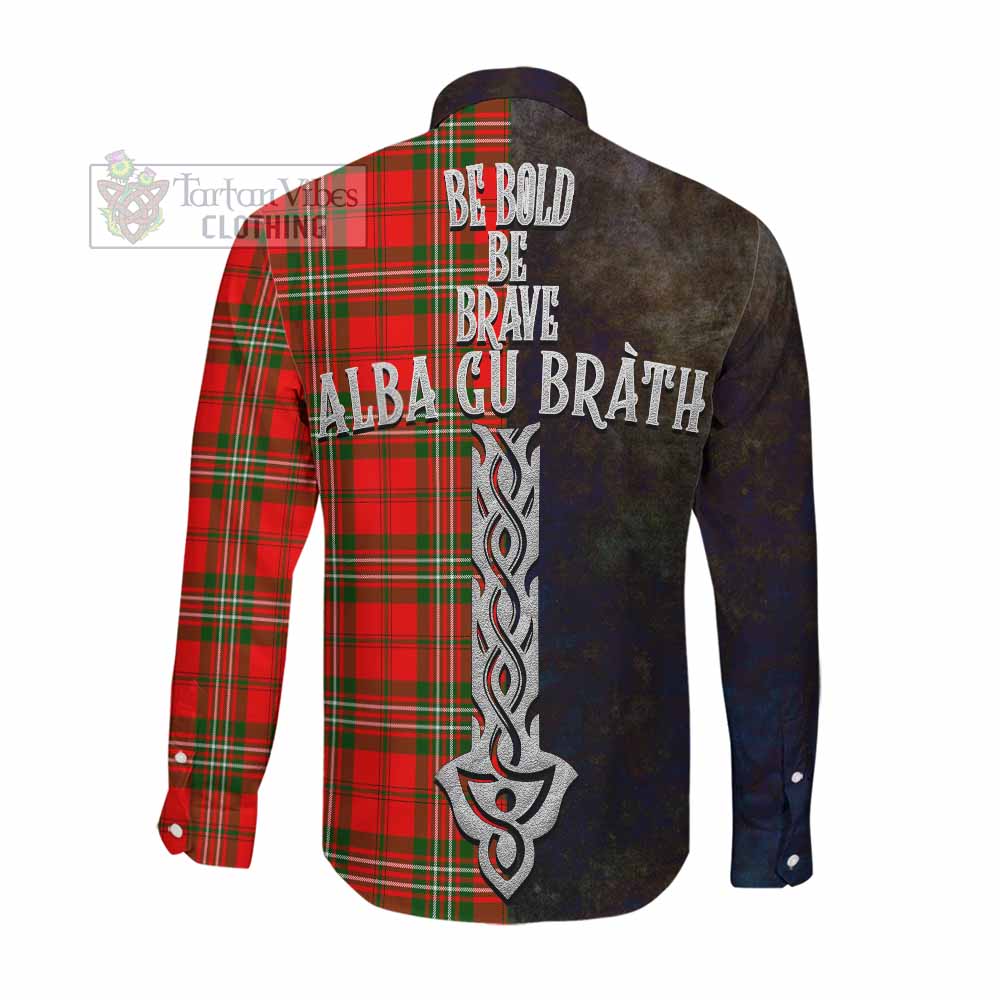 Tartan Vibes Clothing Langlands Tartan Family Crest Long Sleeve Button Shirt Alba Gu Brath Be Brave Lion Ancient Style