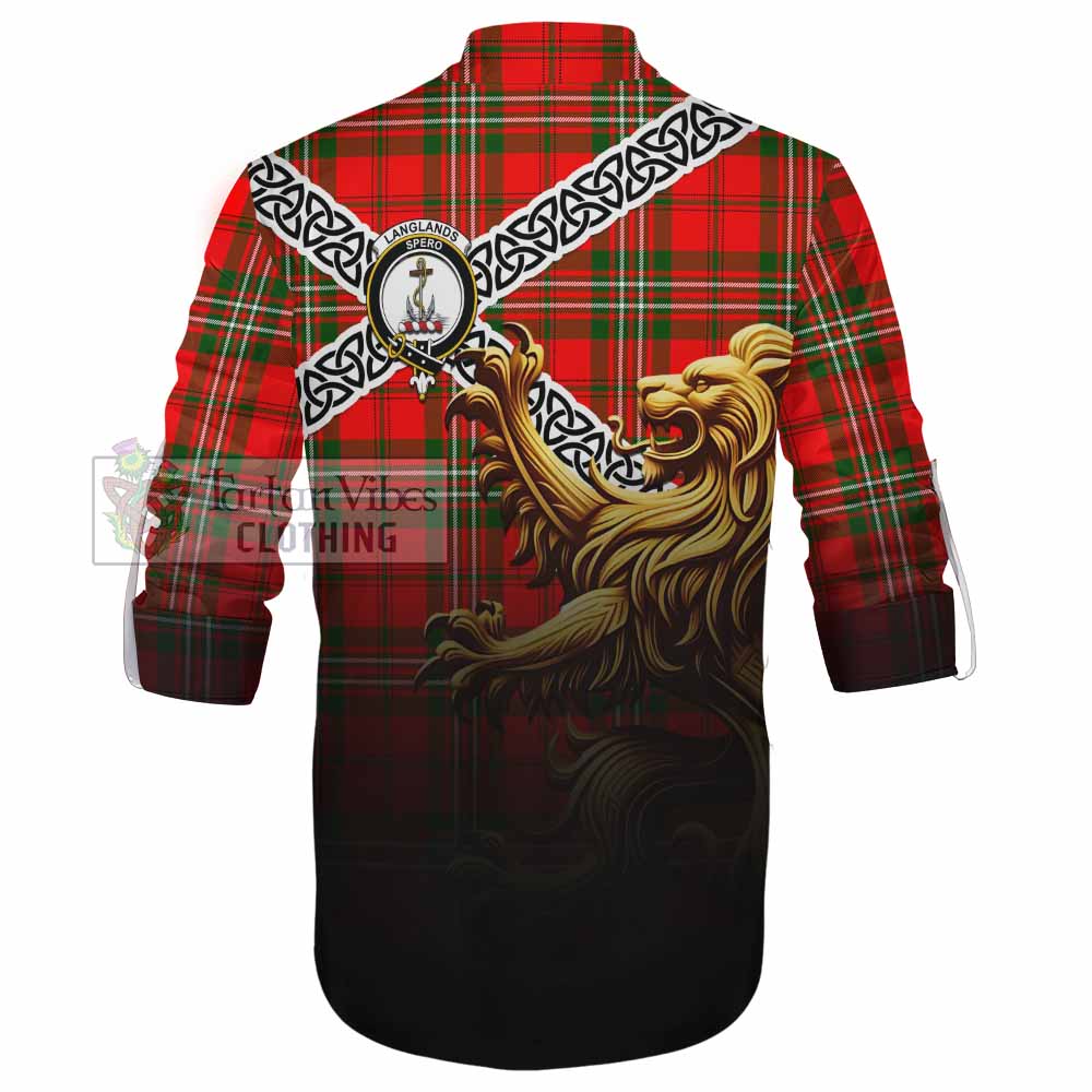 Tartan Vibes Clothing Langlands Crest Tartan Ghillie Kilt Shirt with Golden Lion Emblem Celtic Style