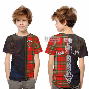 Langlands Tartan Family Crest Kid T-Shirt Alba Gu Brath Be Brave Lion Ancient Style