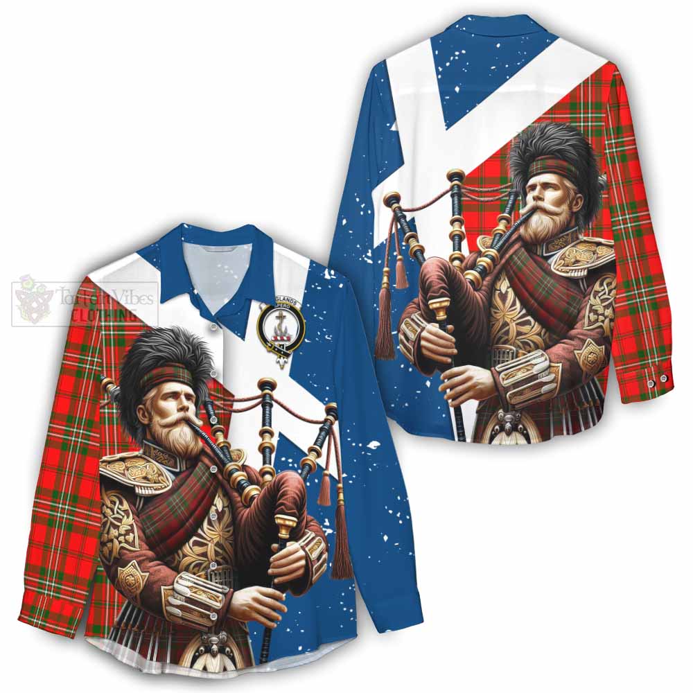 Tartan Vibes Clothing Langlands Tartan Women's Casual Shirt with Family Crest Scottish Bagpiper Vibes