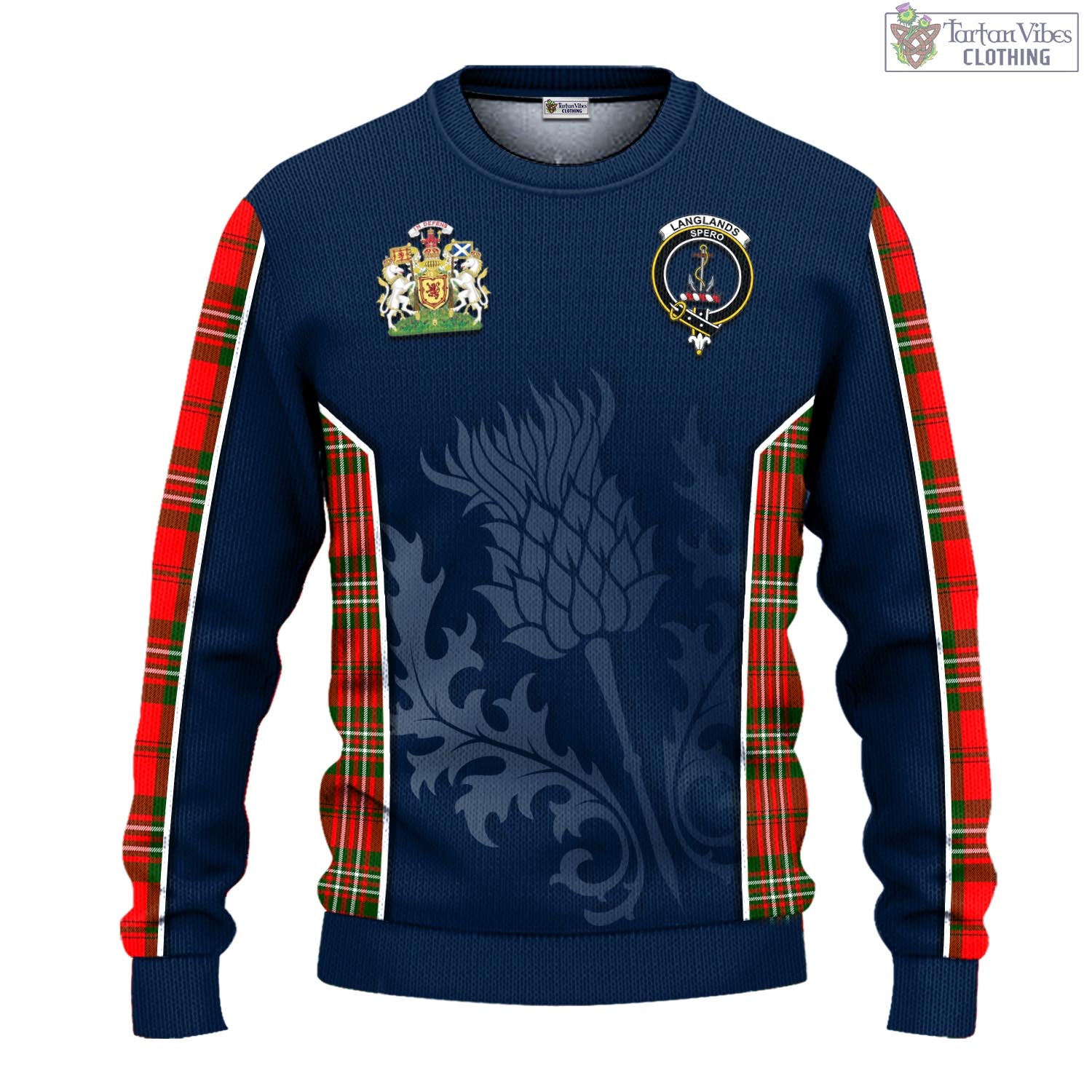 Tartan Vibes Clothing Langlands Tartan Knitted Sweatshirt with Family Crest and Scottish Thistle Vibes Sport Style