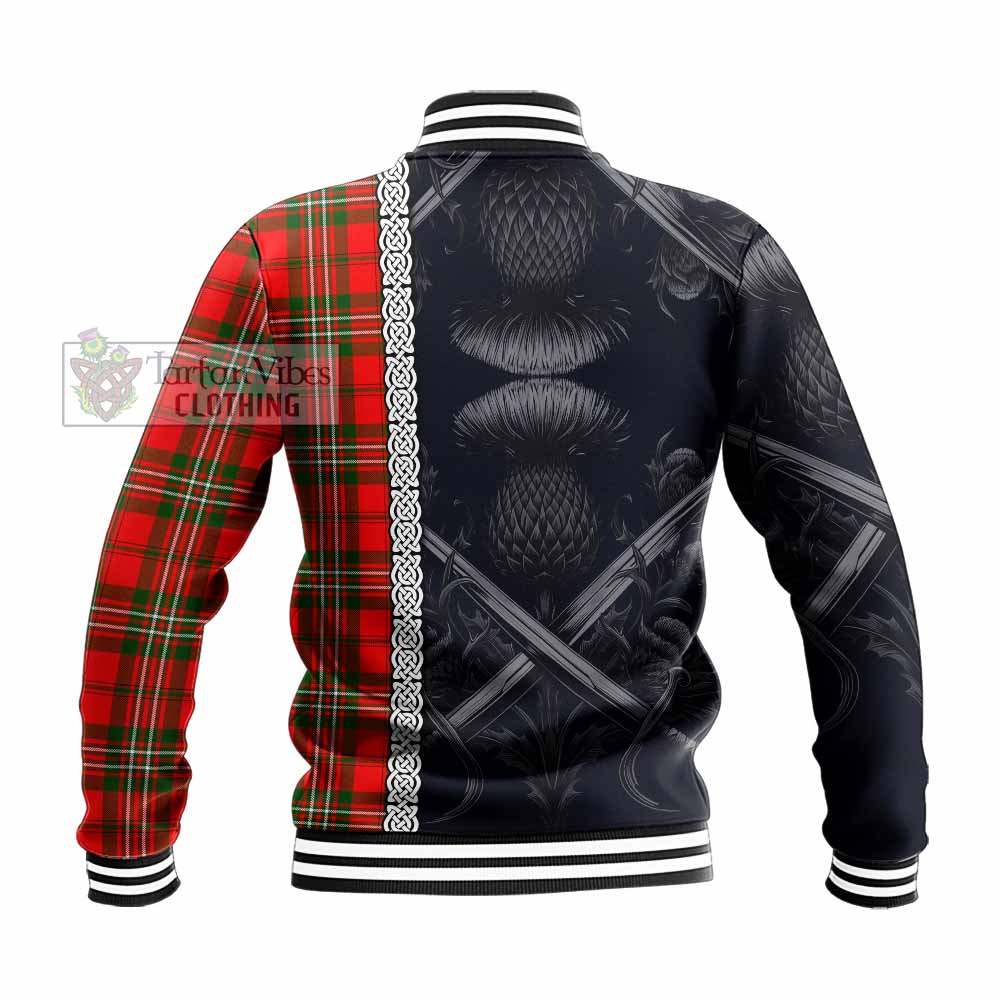 Tartan Vibes Clothing Langlands Tartan Baseball Jacket with Family Crest Cross Sword Thistle Celtic Vibes