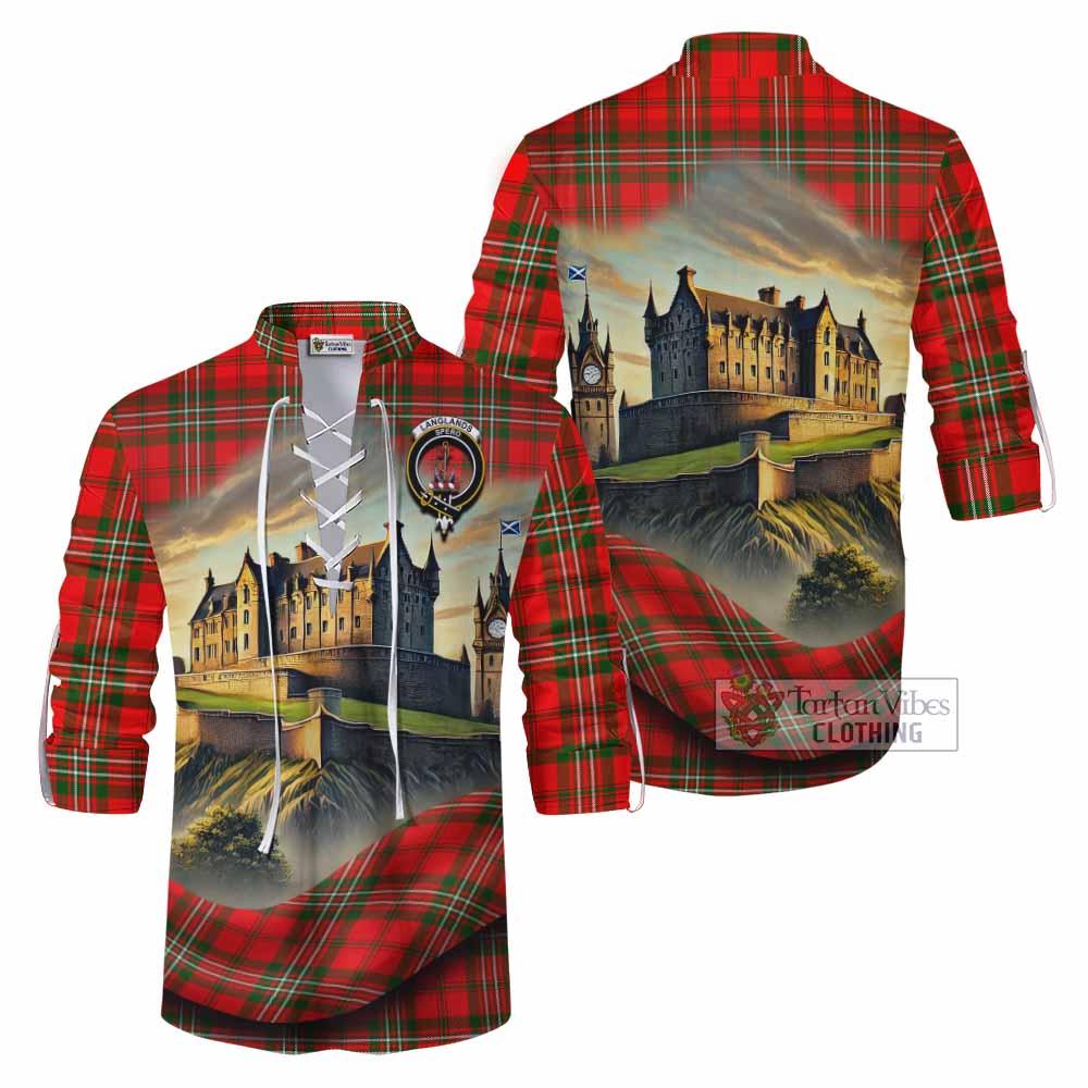 Tartan Vibes Clothing Langlands Tartan Family Crest Ghillie Kilt Shirt with Scottish Ancient Castle Style