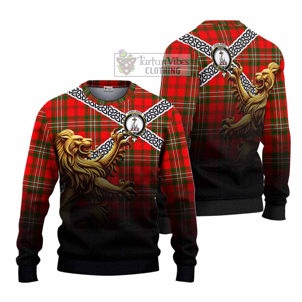 Tartan Vibes Clothing Langlands Crest Tartan Knitted Sweater with Golden Lion Emblem Celtic Style