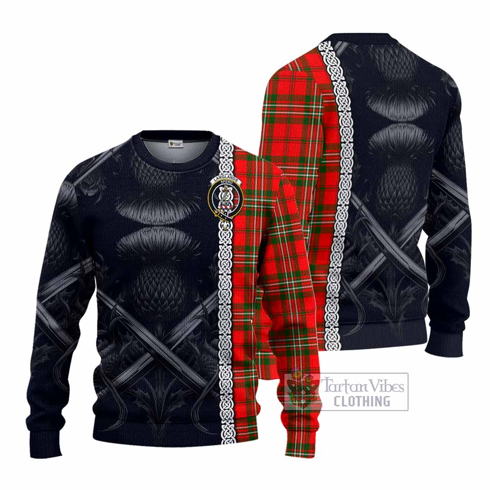 Tartan Vibes Clothing Langlands Tartan Knitted Sweater with Family Crest Cross Sword Thistle Celtic Vibes