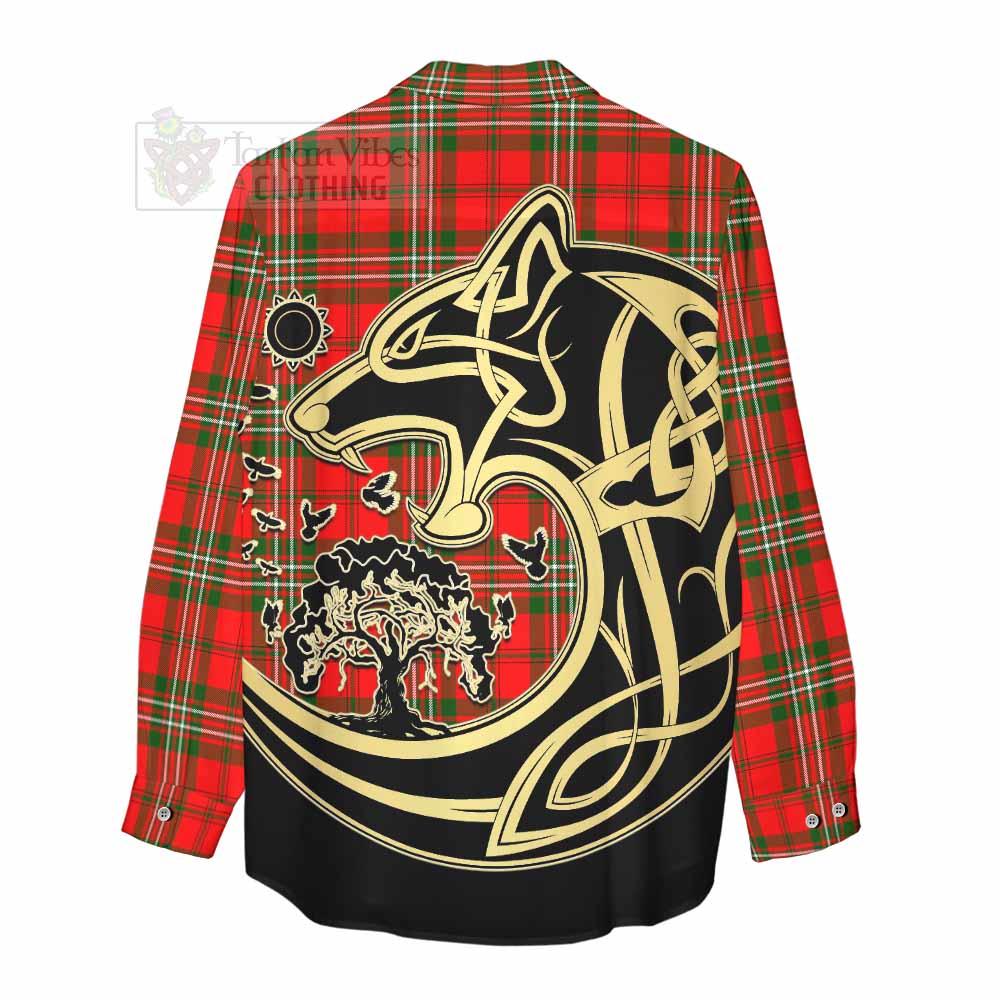 Tartan Vibes Clothing Langlands Tartan Women's Casual Shirt with Family Crest Celtic Wolf Style
