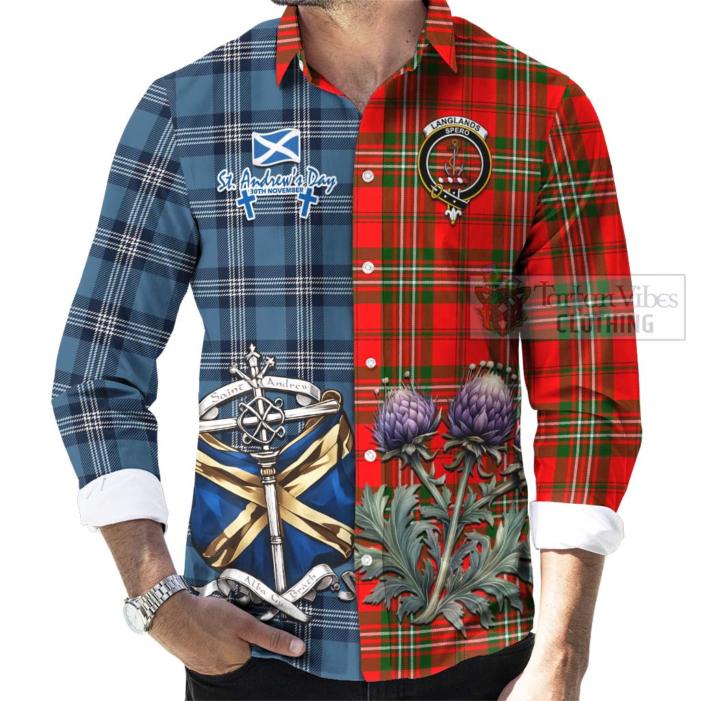 Tartan Vibes Clothing Langlands Tartan Long Sleeve Button Shirt Happy St. Andrew's Day Half Tartan Style