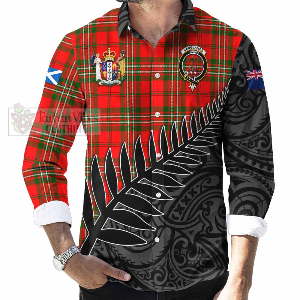 Tartan Vibes Clothing Langlands Crest Tartan Long Sleeve Button Shirt with New Zealand Silver Fern Half Style