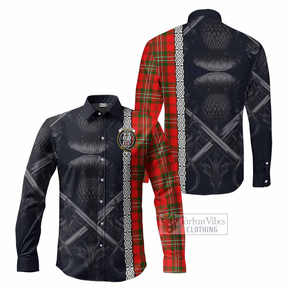 Tartan Vibes Clothing Langlands Tartan Long Sleeve Button Shirt with Family Crest Cross Sword Thistle Celtic Vibes