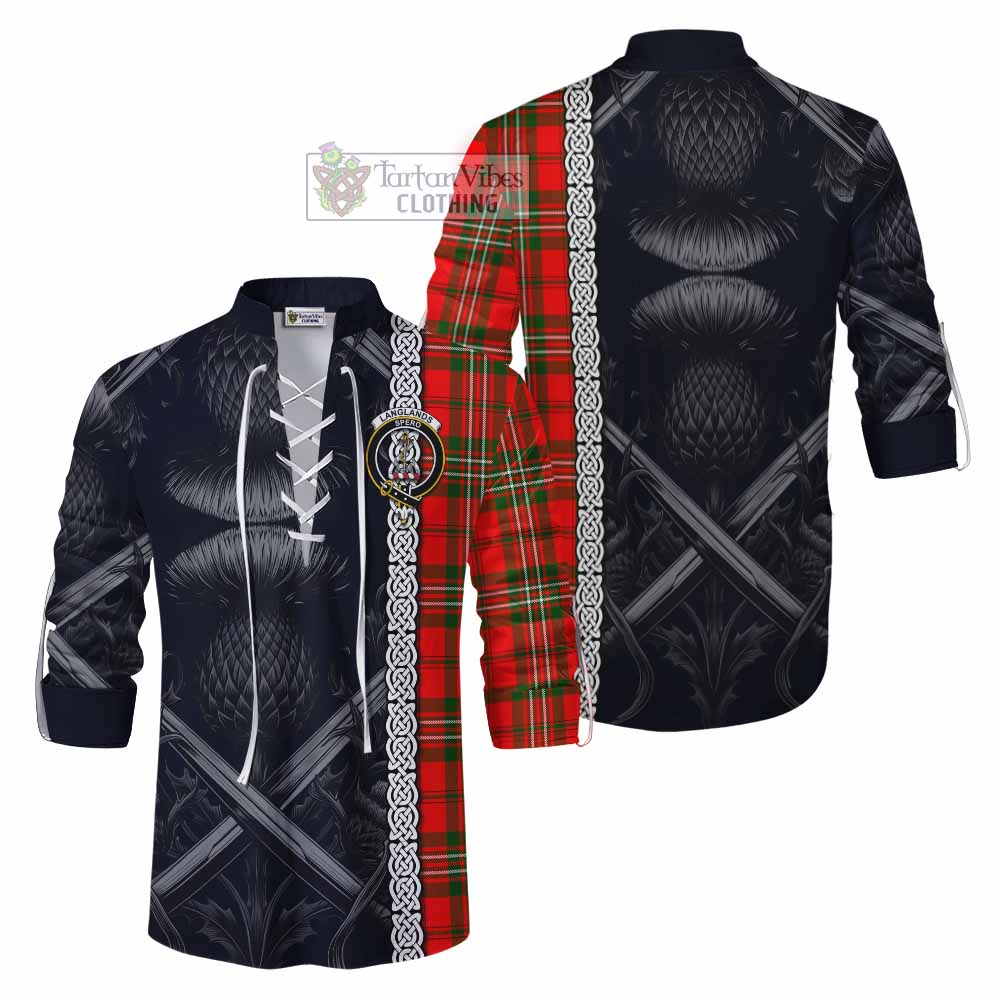Tartan Vibes Clothing Langlands Tartan Ghillie Kilt Shirt with Family Crest Cross Sword Thistle Celtic Vibes