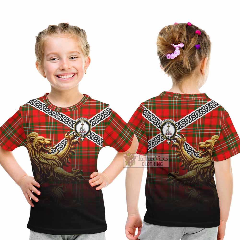 Tartan Vibes Clothing Langlands Crest Tartan Kid T-Shirt with Golden Lion Emblem Celtic Style