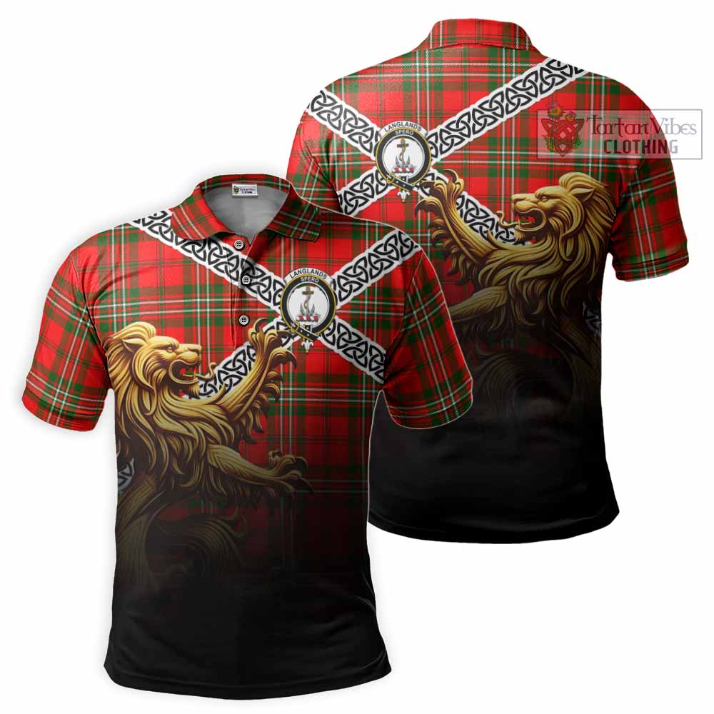 Tartan Vibes Clothing Langlands Crest Tartan Polo Shirt with Golden Lion Emblem Celtic Style