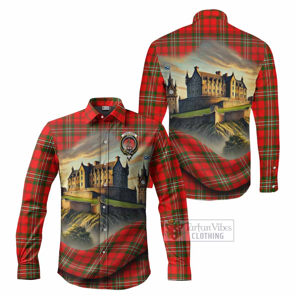 Tartan Vibes Clothing Langlands Tartan Family Crest Long Sleeve Button Shirt with Scottish Ancient Castle Style