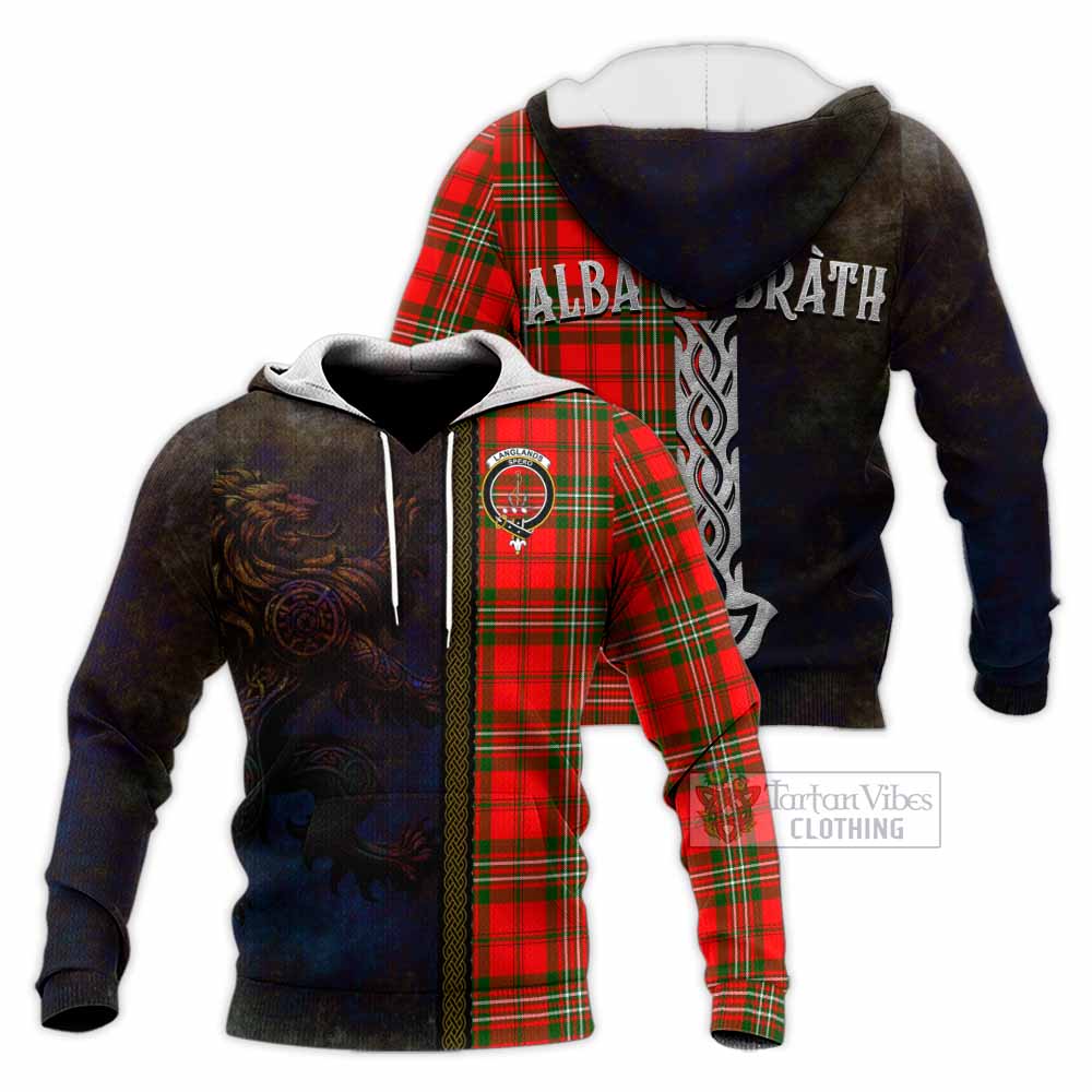 Tartan Vibes Clothing Langlands Tartan Family Crest Knitted Hoodie Alba Gu Brath Be Brave Lion Ancient Style