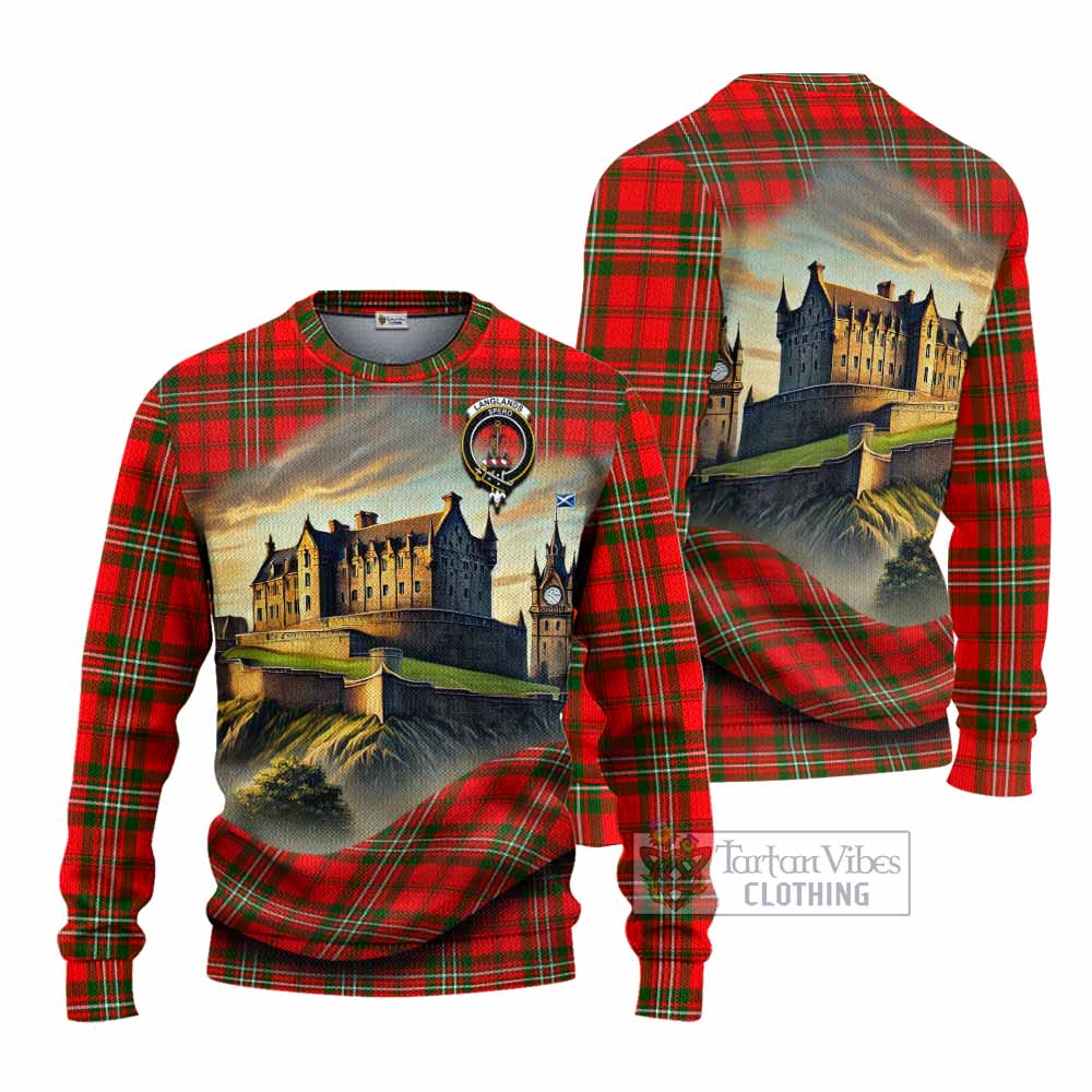 Tartan Vibes Clothing Langlands Tartan Family Crest Knitted Sweater with Scottish Ancient Castle Style