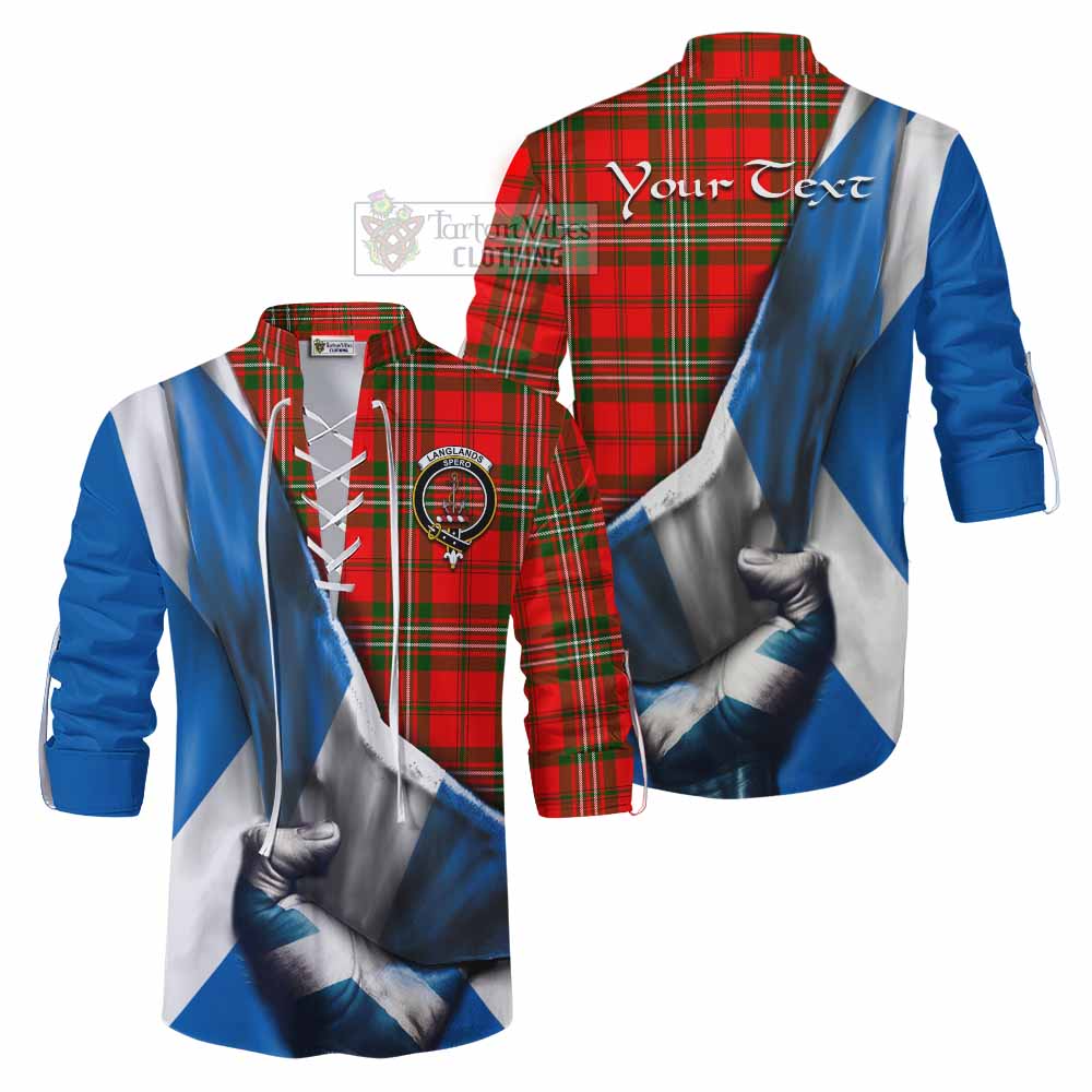 Tartan Vibes Clothing Langlands Tartan Ghillie Kilt Shirt with Family Crest Scotland Patriotic Style