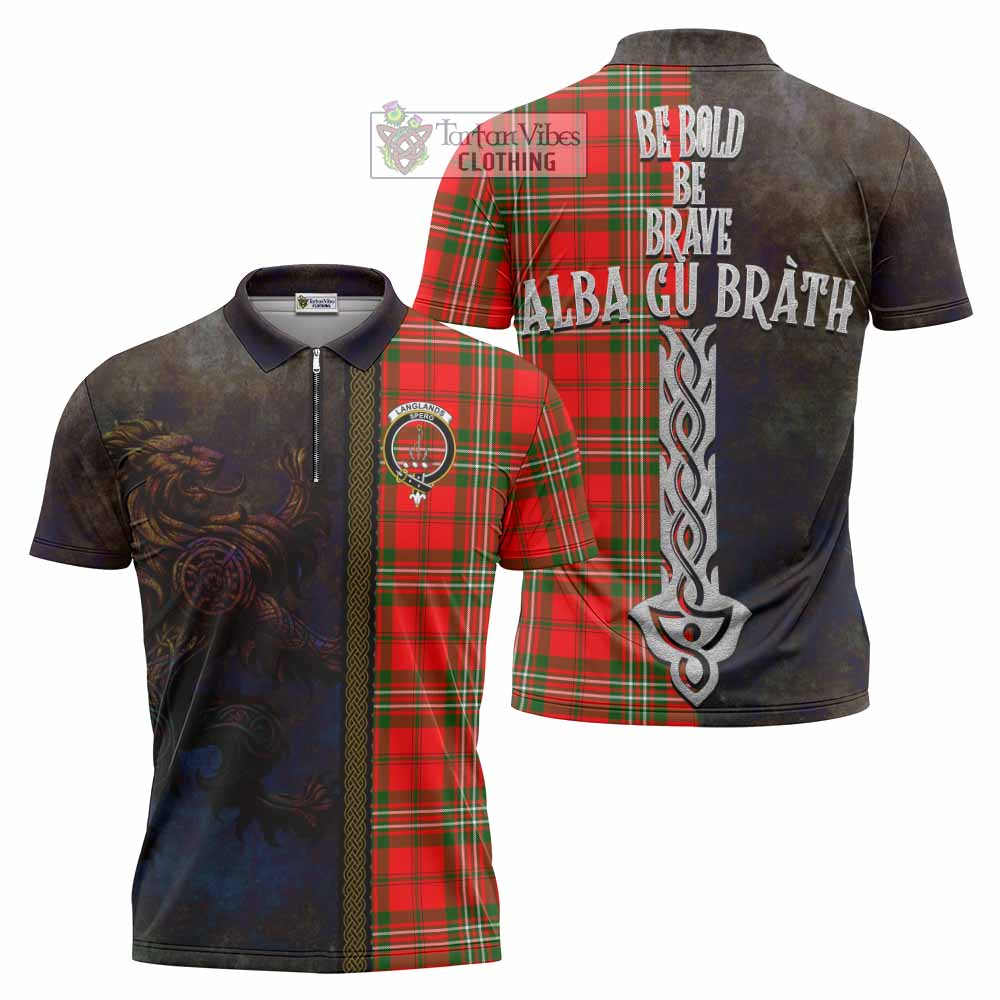 Tartan Vibes Clothing Langlands Tartan Family Crest Zipper Polo Shirt Alba Gu Brath Be Brave Lion Ancient Style