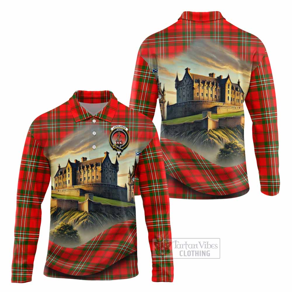 Tartan Vibes Clothing Langlands Tartan Family Crest Long Sleeve Polo Shirt with Scottish Ancient Castle Style
