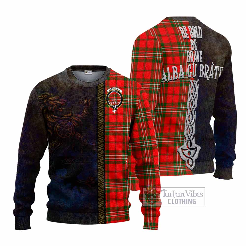 Tartan Vibes Clothing Langlands Tartan Family Crest Knitted Sweater Alba Gu Brath Be Brave Lion Ancient Style