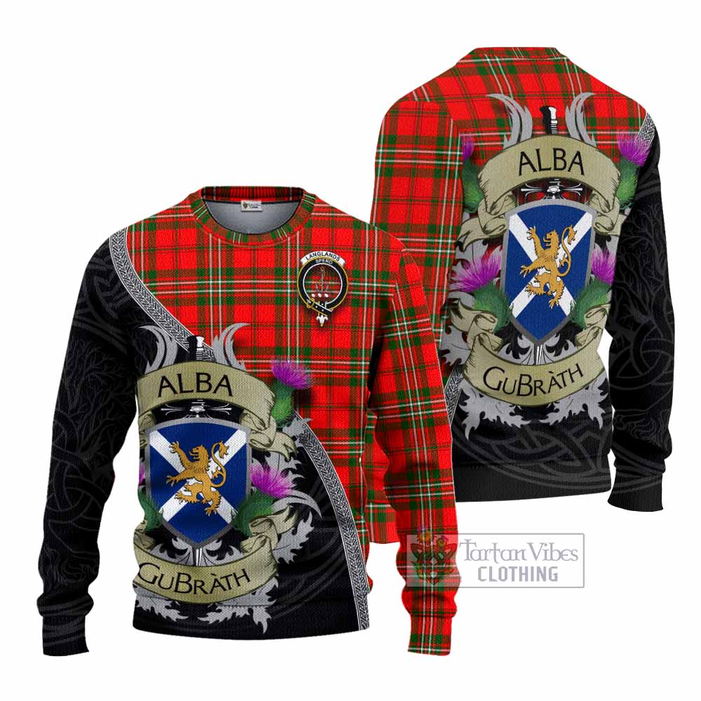 Tartan Vibes Clothing Langlands Tartan Family Crest Knitted Sweater Lion Rampant Royal Thistle Shield Celtic Inspired