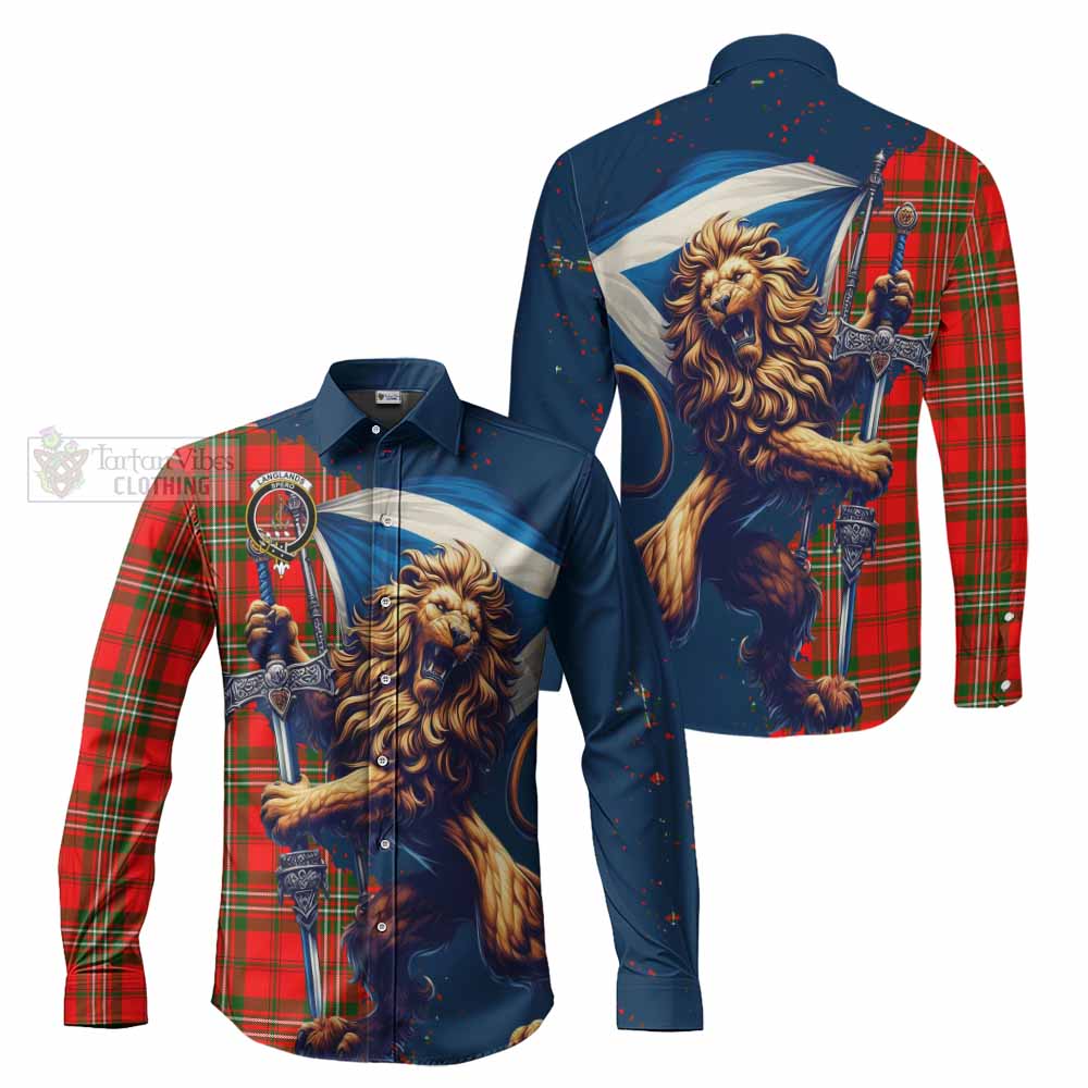 Tartan Vibes Clothing Langlands Tartan Family Crest Long Sleeve Button Shirt with Scottish Majestic Lion