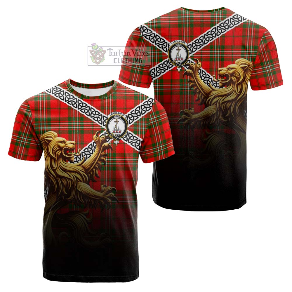 Tartan Vibes Clothing Langlands Crest Tartan Cotton T-shirt with Golden Lion Emblem Celtic Style