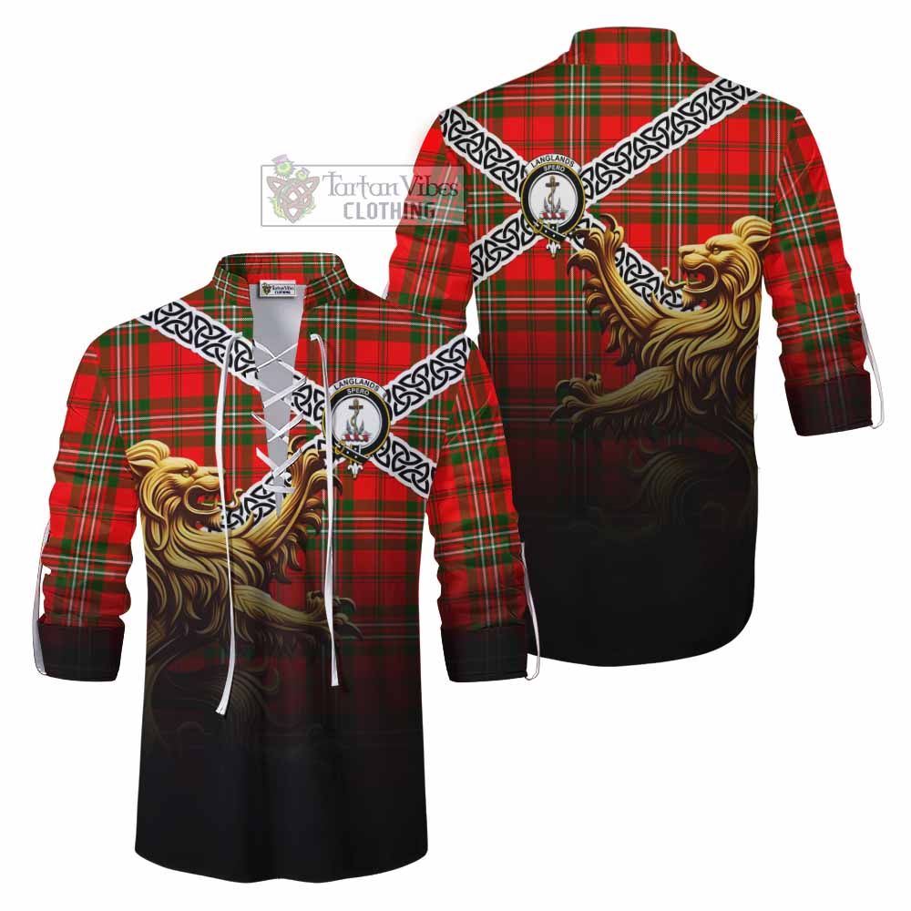Tartan Vibes Clothing Langlands Crest Tartan Ghillie Kilt Shirt with Golden Lion Emblem Celtic Style