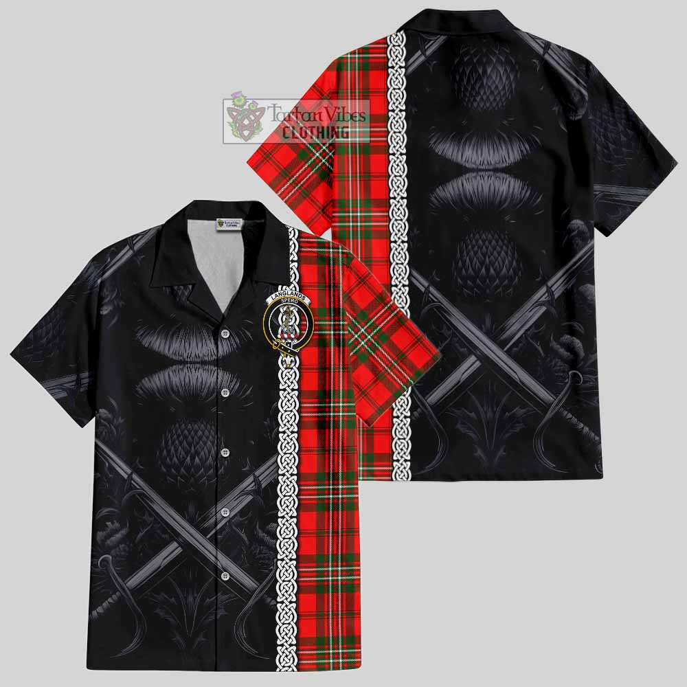 Tartan Vibes Clothing Langlands Tartan Short Sleeve Button Shirt with Family Crest Cross Sword Thistle Celtic Vibes