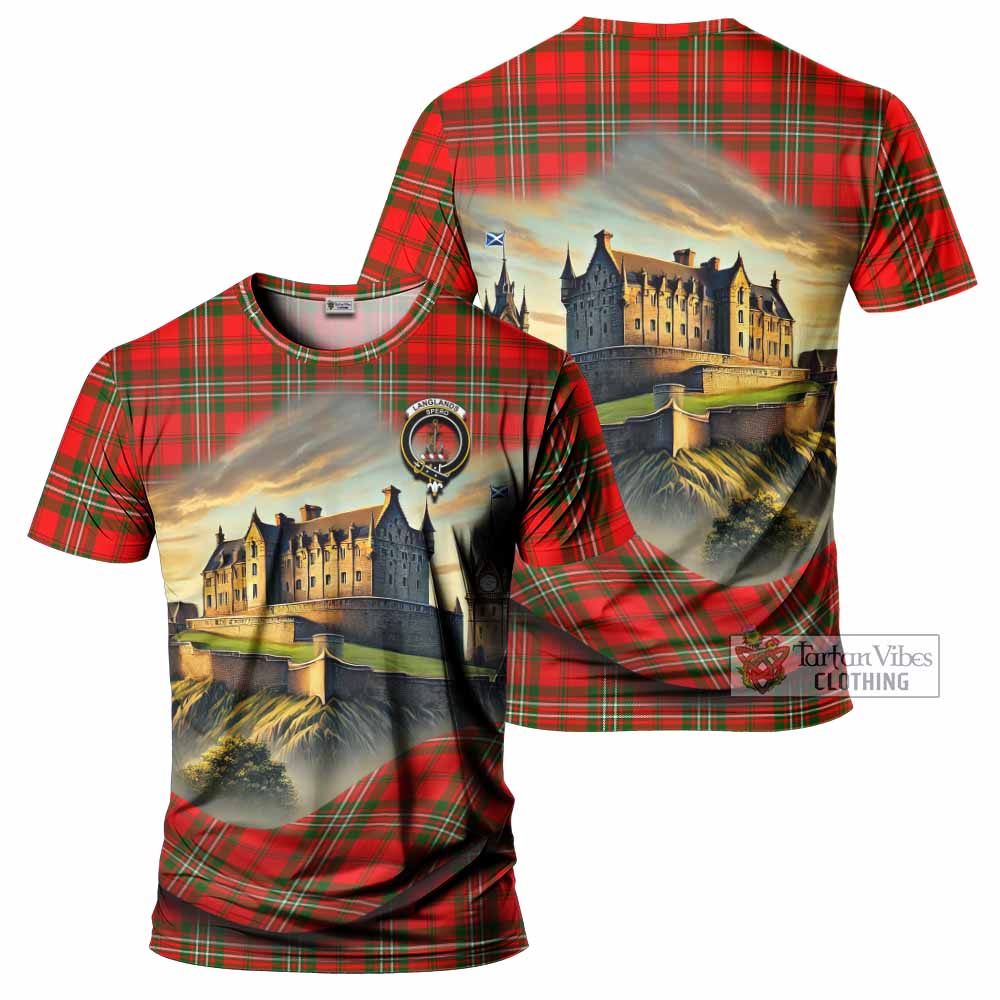 Tartan Vibes Clothing Langlands Tartan Family Crest T-Shirt with Scottish Ancient Castle Stype