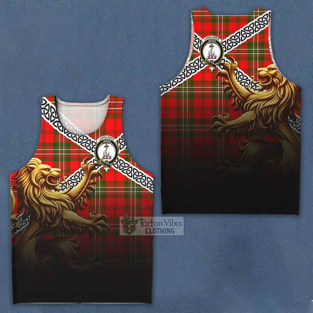 Tartan Vibes Clothing Langlands Crest Tartan Men's Tank Top with Golden Lion Emblem Celtic Style