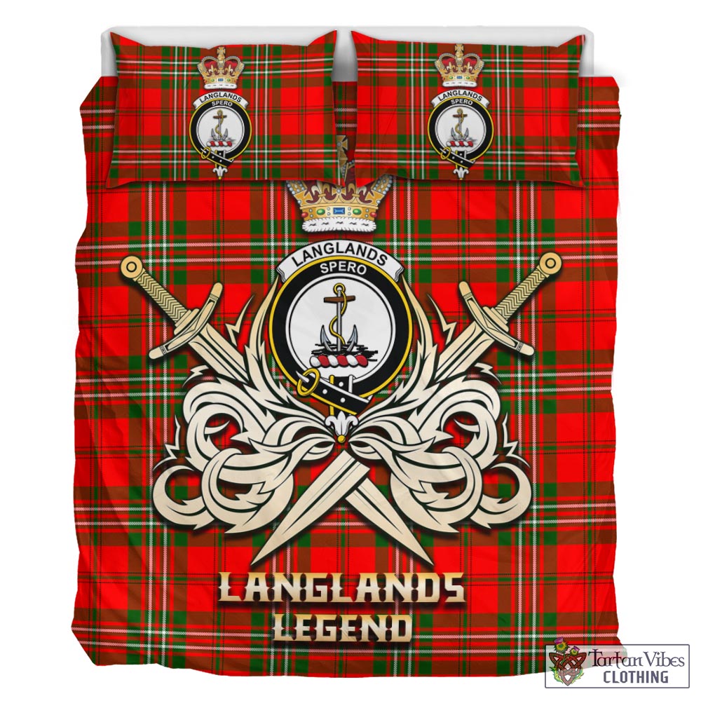 Tartan Vibes Clothing Langlands Tartan Bedding Set with Clan Crest and the Golden Sword of Courageous Legacy
