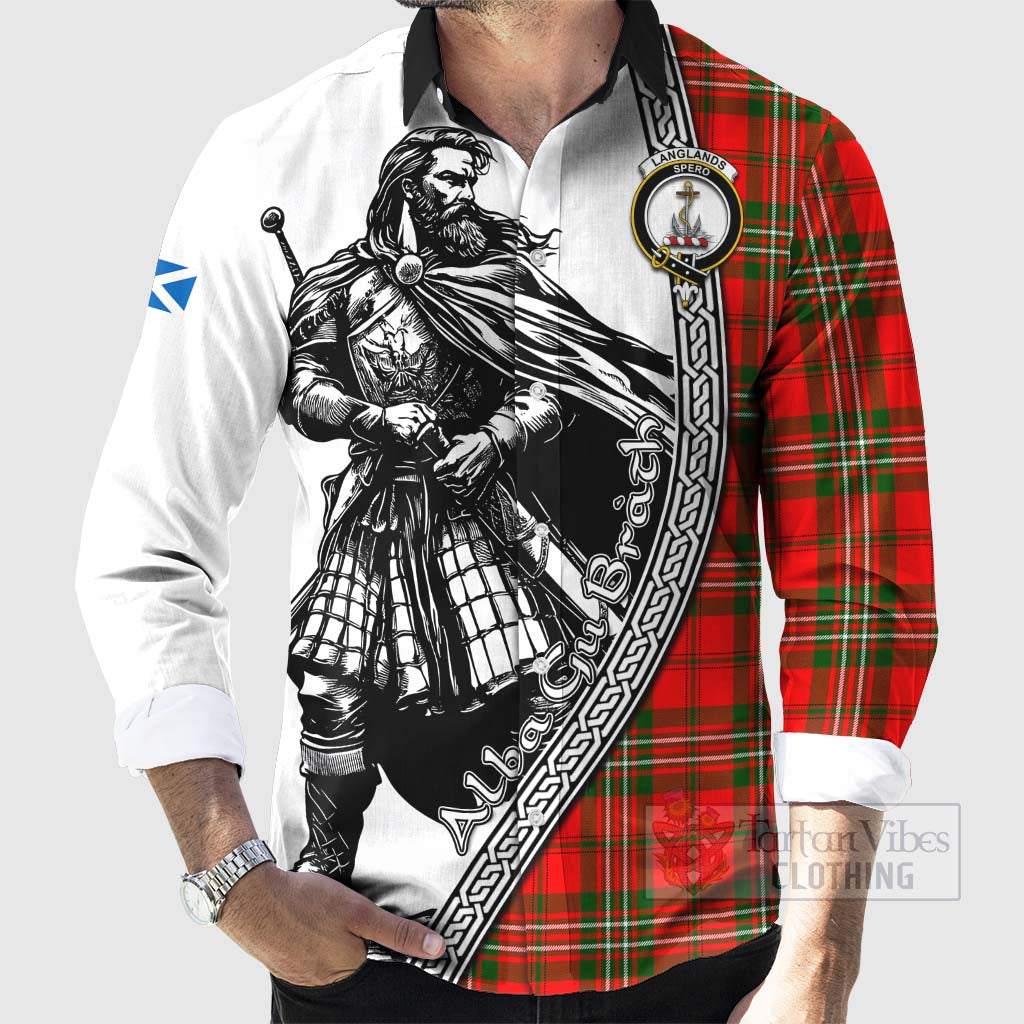 Tartan Vibes Clothing Langlands Tartan Clan Crest Long Sleeve Button Shirt with Highlander Warrior Celtic Style