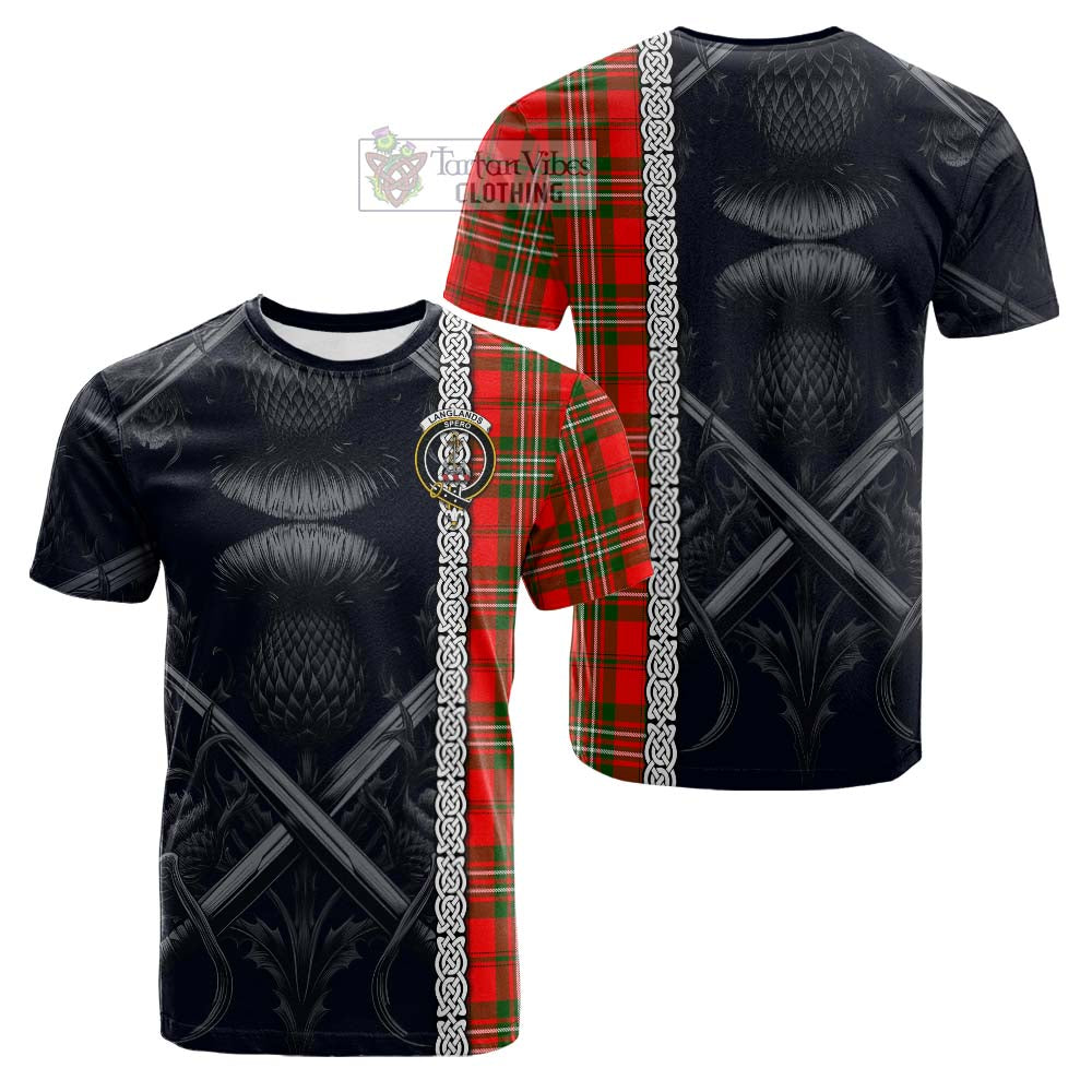 Tartan Vibes Clothing Langlands Tartan Cotton T-shirt with Family Crest Cross Sword Thistle Celtic Vibes