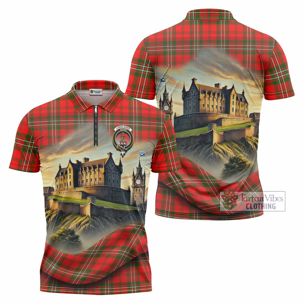 Tartan Vibes Clothing Langlands Tartan Family Crest Zipper Polo Shirt with Scottish Ancient Castle Stype